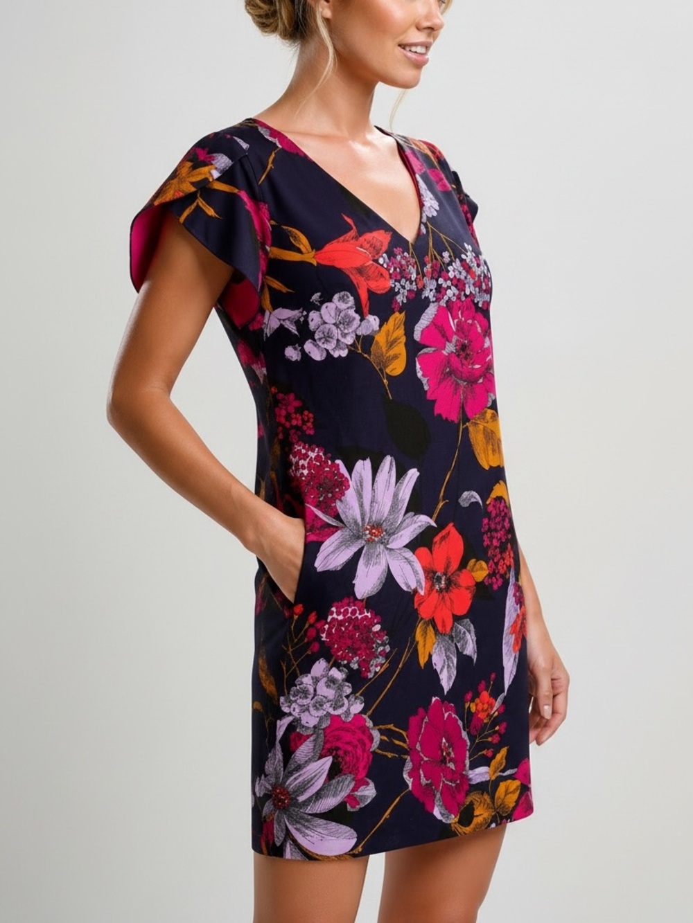 Trina Turk - Cheers Grand Garden Faille Navy Multi Short Sleeve Mini Dress - 12
